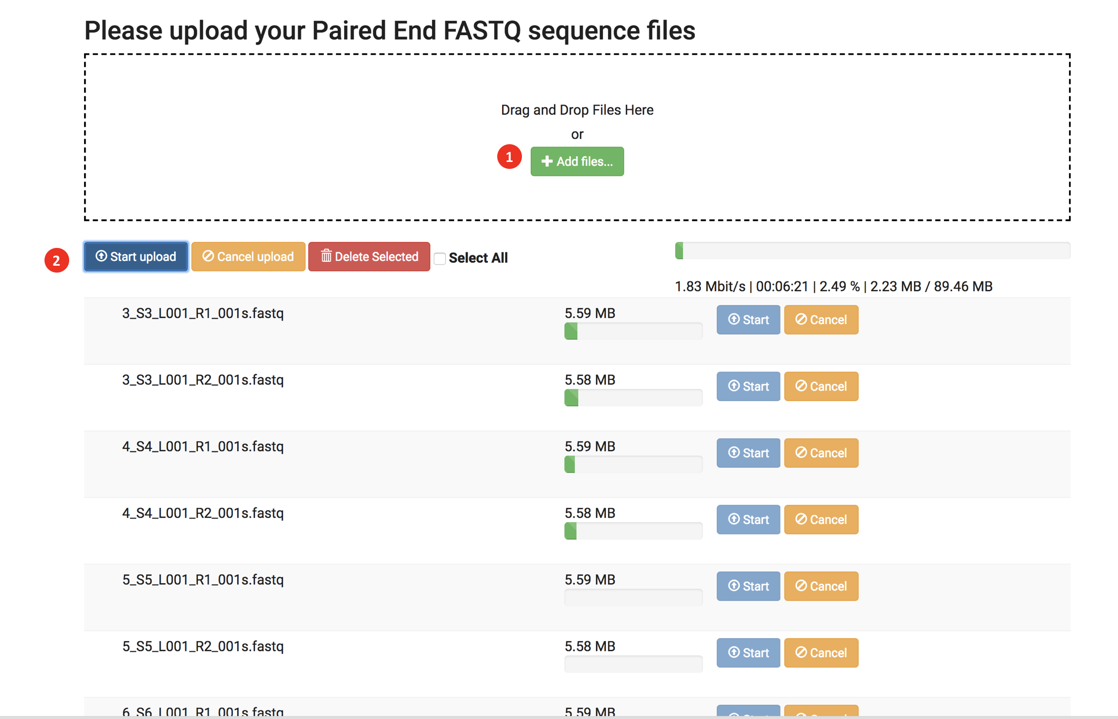 Screenshot of local upload panel with file uploads in progress