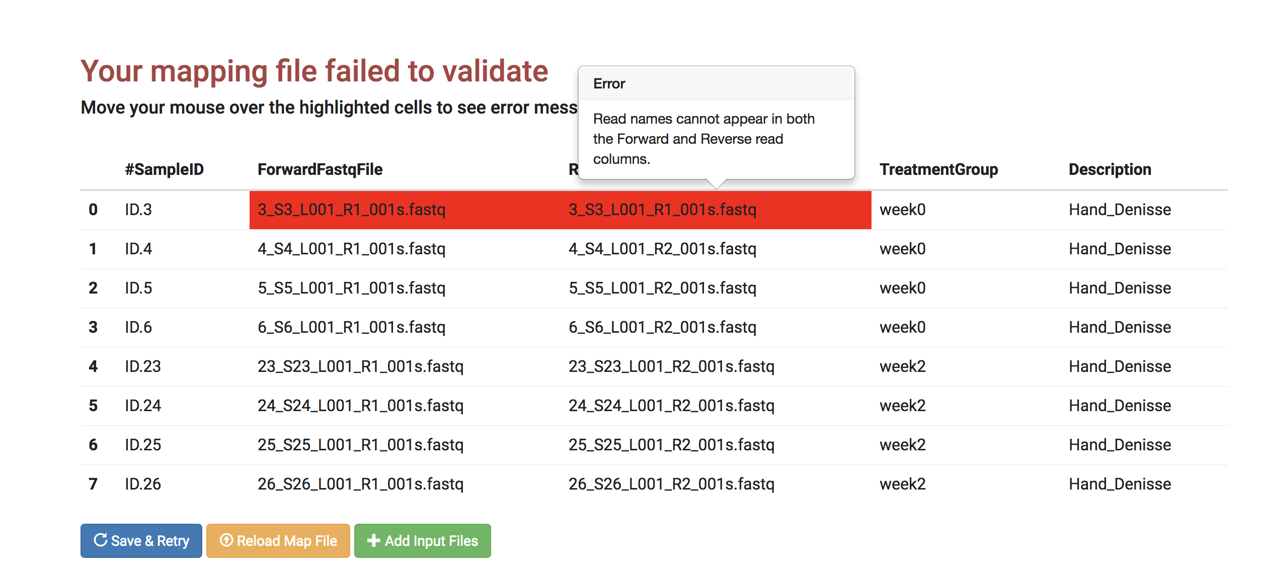 Screenshot of map file error page with two columns in first row highlighted and error displayed