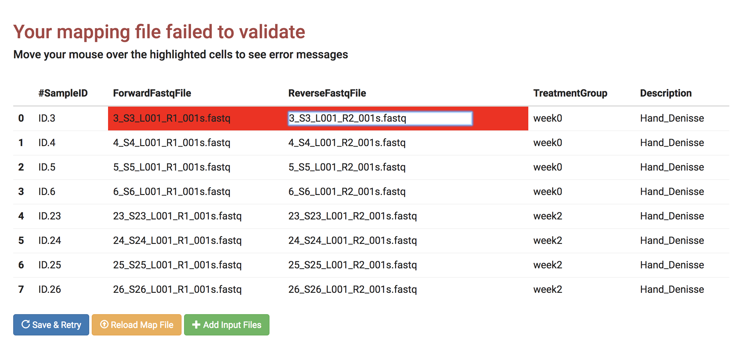 Screenshot of map file error page with two columns in first row highlighted, editing second column